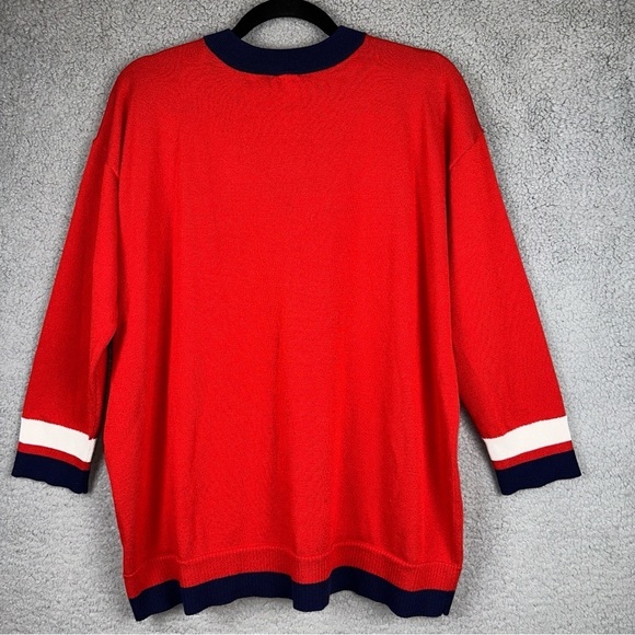 Anne Klein Sweater Womens 1X Red Poppy Combo Striped V-Neck Knit Old Money Retro - Picture 5 of 11